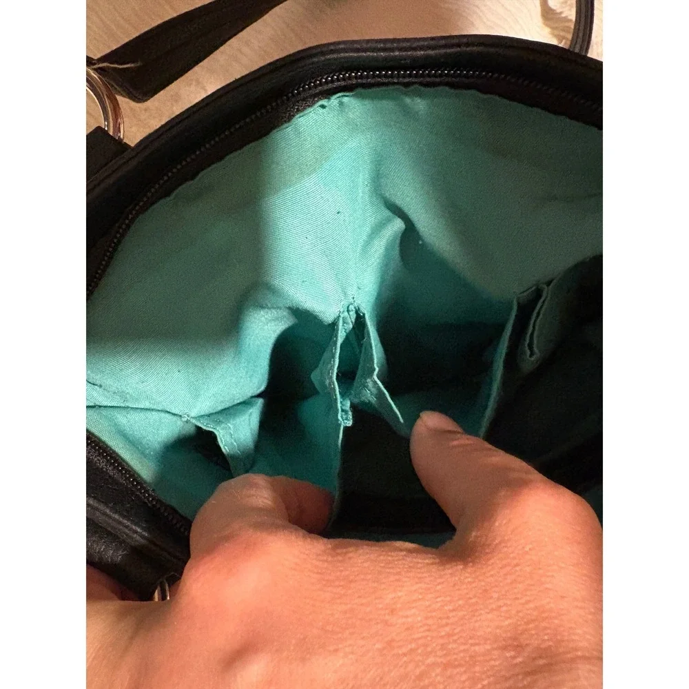 Black Pebbled Leather Shoulder Bag Turquoise Lining Classic Minimalist